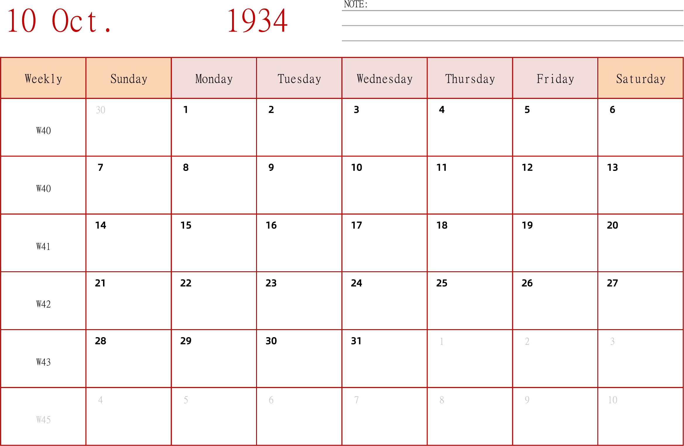 日历表1934年日历 英文版 横向排版 周日开始 带周数